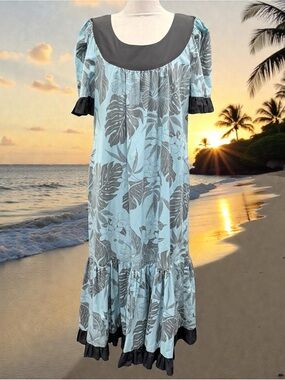 Vintage Good Times Hawaii Muumuu Dress Women Floral Print Blue Sz XL Monsterra